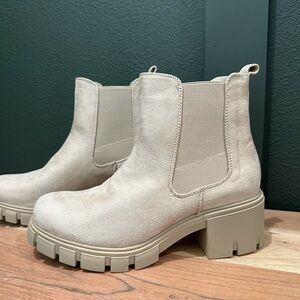 Madden Girl Neutral Suede Lug Chelsea Booties in Light Beige